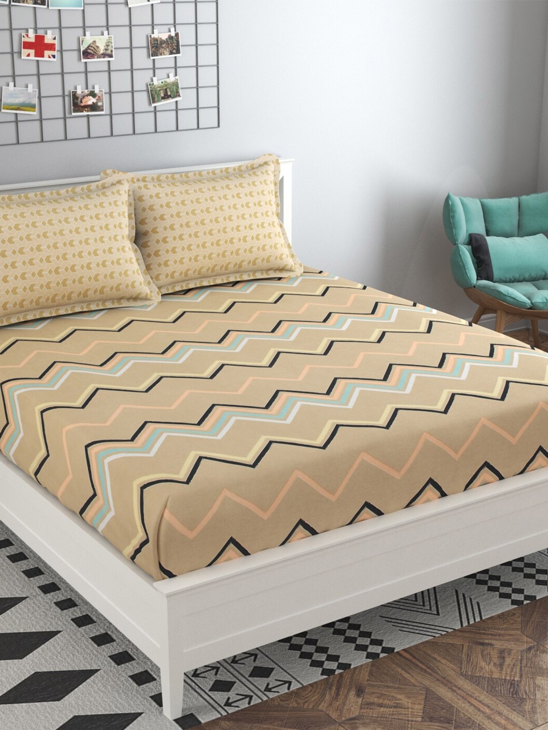 

MAFATLAL Beige & Blue Striped 160 TC Queen Bedsheet with 2 Pillow Covers