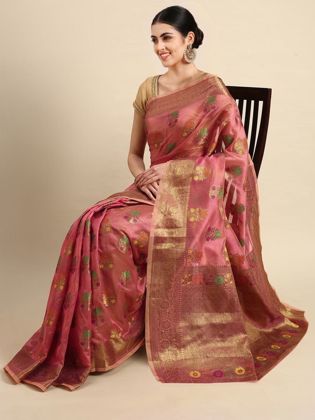 

Mitera Peach-Coloured & Gold-Toned Ethnic Motifs Woven Design Zari Organza Saree