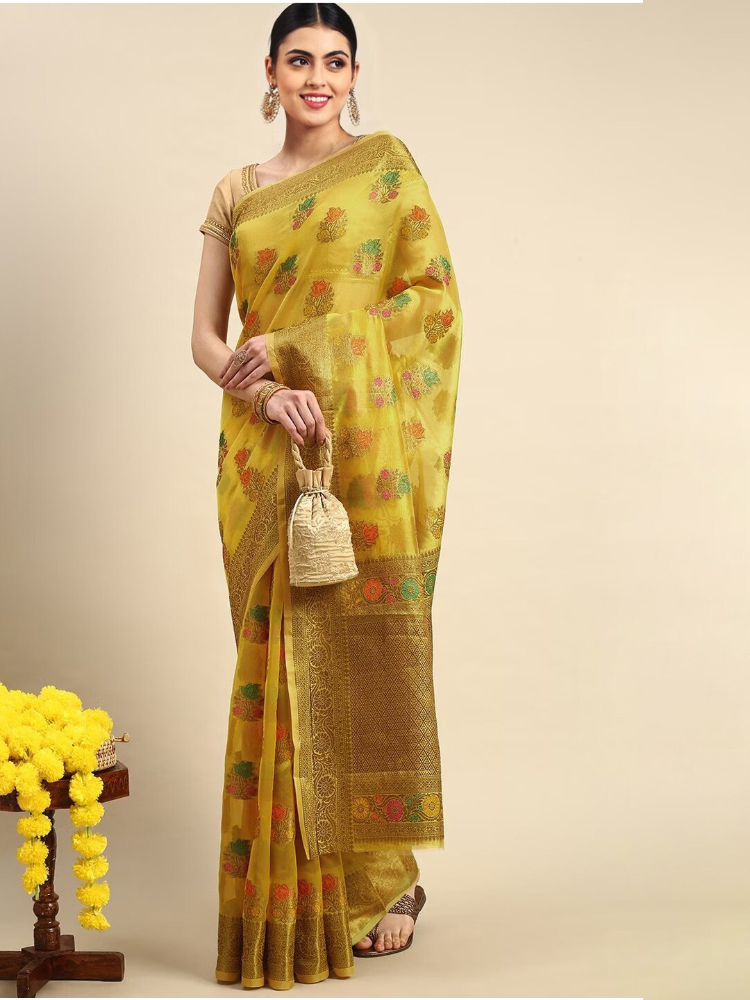 

Mitera Yellow & Green Ethnic Motifs Woven Design Zari Organza Saree
