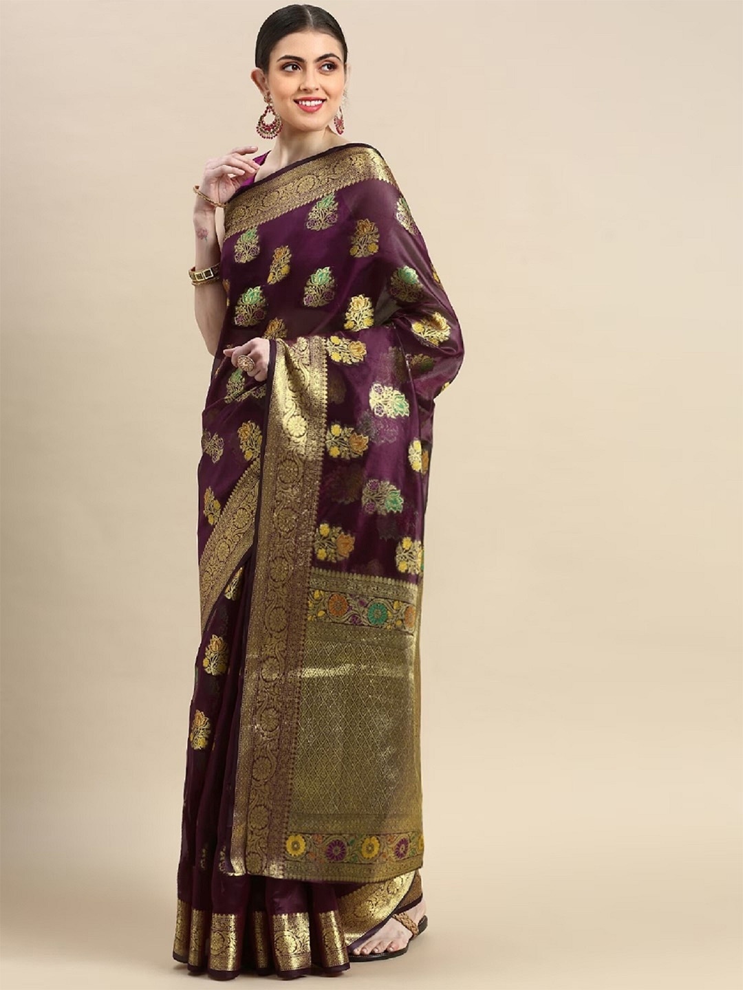 

Mitera Purple & Green Ethnic Motifs Woven Design Zari Organza Saree