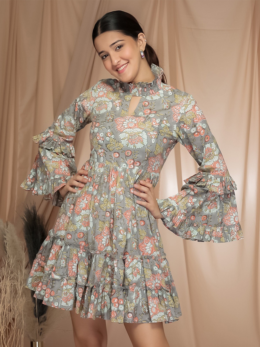 

Aaheli Floral Printed High Neck Bell Sleeve Fit & Flare Dress, Grey