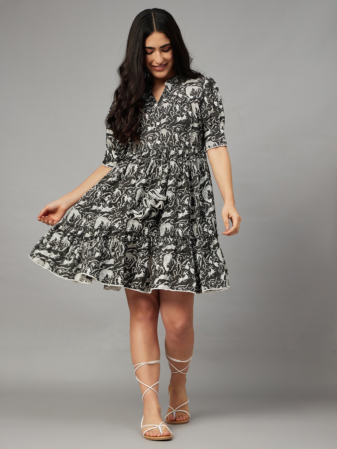 

Aaheli Abstract Printed Mandarin Collar Puff Sleeve Fit & Flare Dress, Black