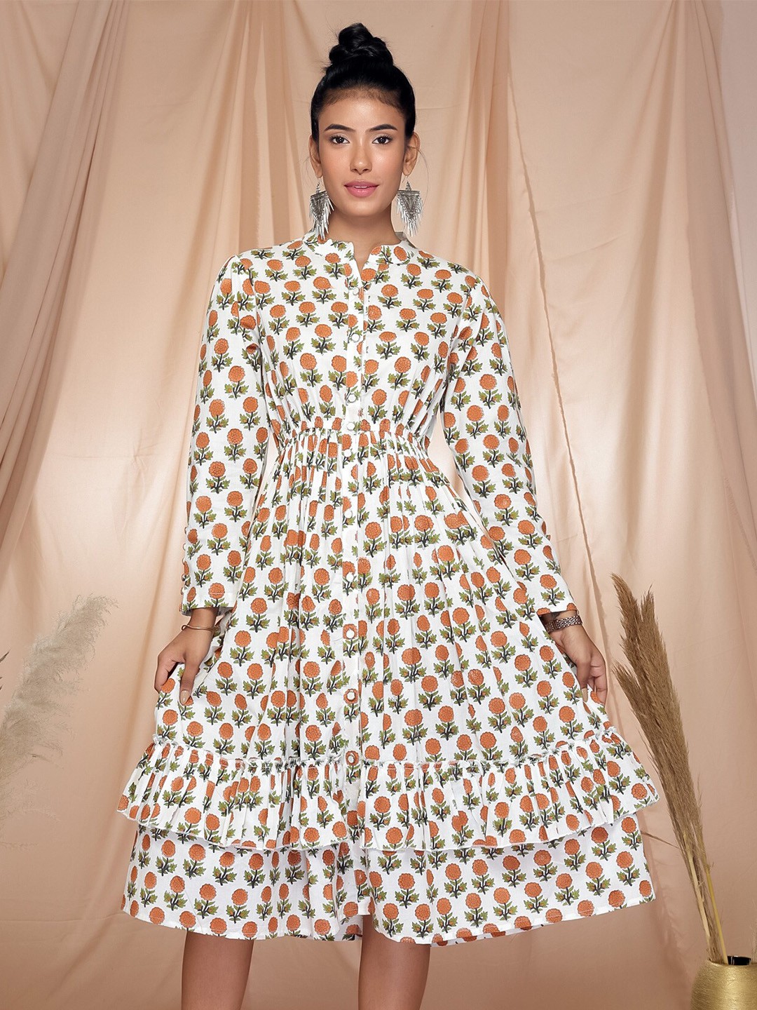 

Aaheli Floral Printed Mandarin Collar Puff Sleeves Fit & Flare Dress, White