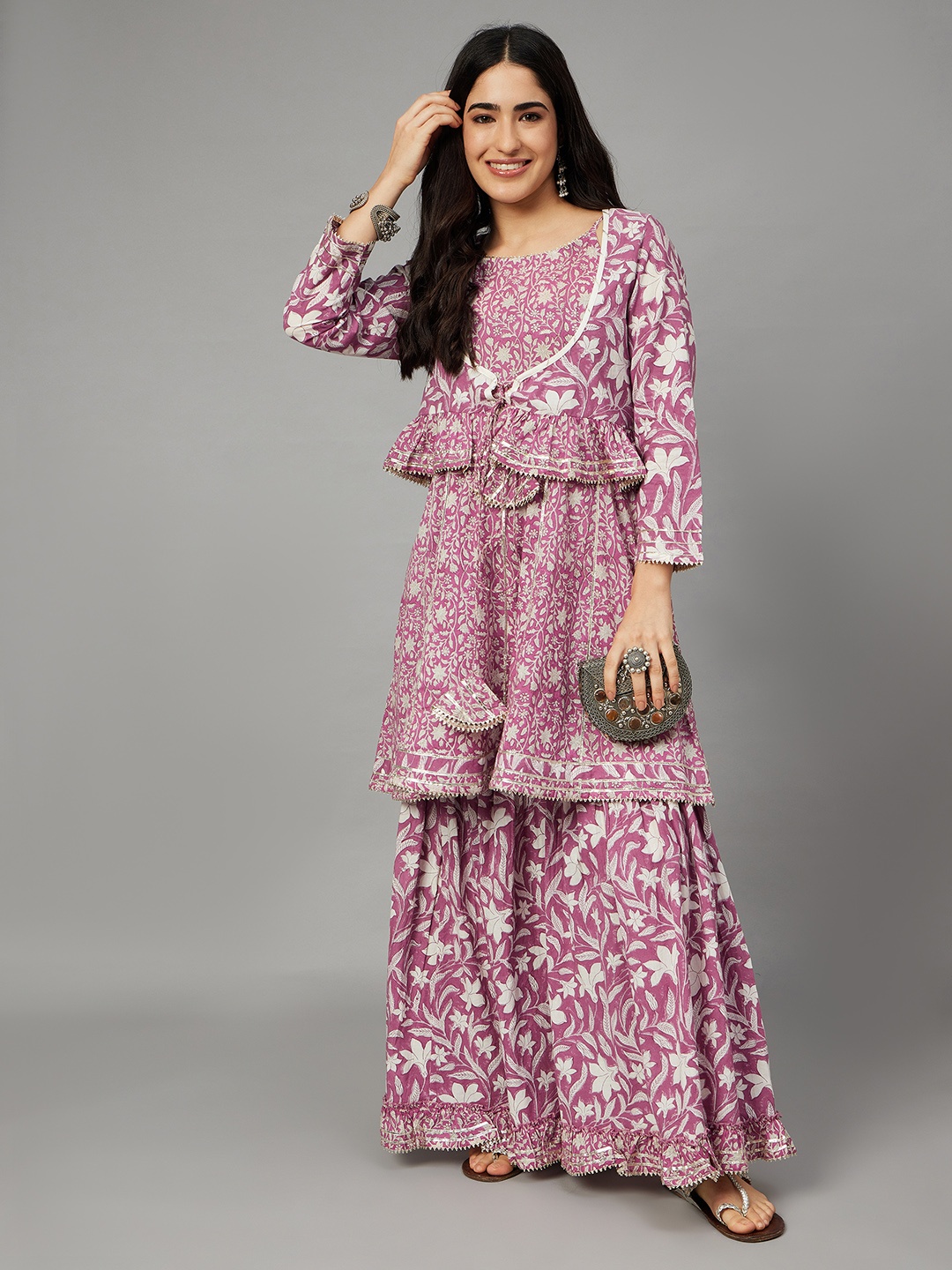 

Aaheli Floral Printed Regular Gotta Patti Pure Cotton Kurta with Sharara & Jacket, Mauve