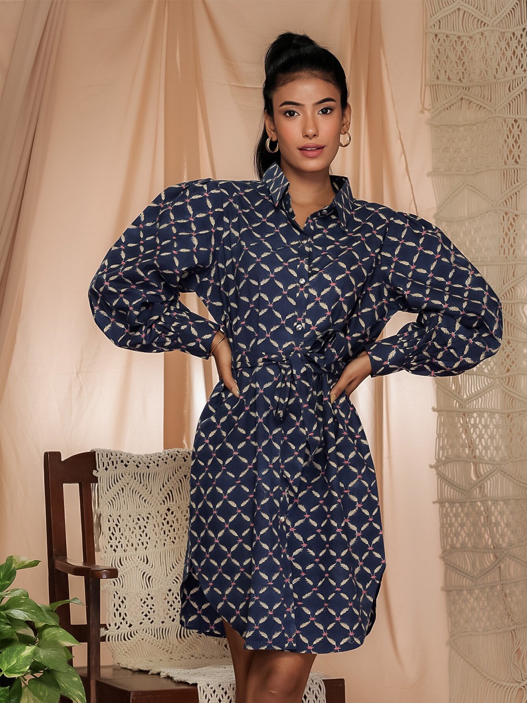 

Aaheli Conversational Printed Shirt Collar Puff Sleeve Shirt Dress, Blue
