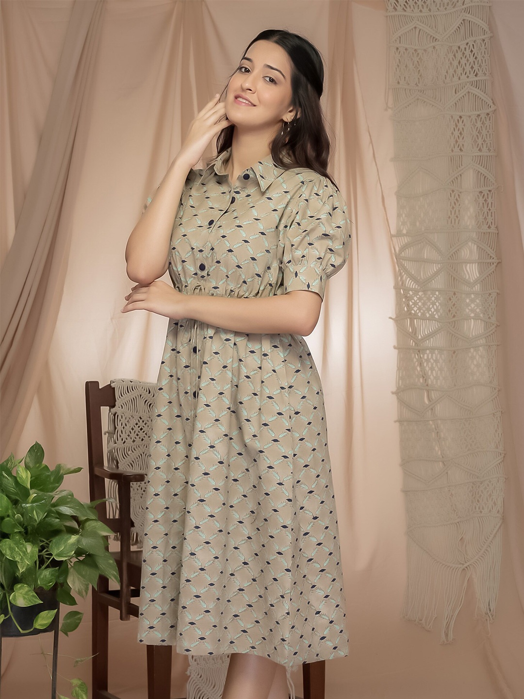 

Aaheli Conversational Printed Shirt Collar Puff Sleeve Shirt Dress, Beige