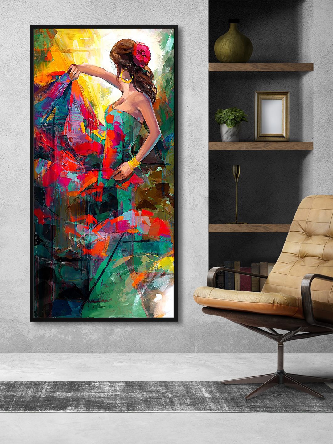 

999Store Green & Red Flamenco Dancer Painting Framed Canvas Wall Art