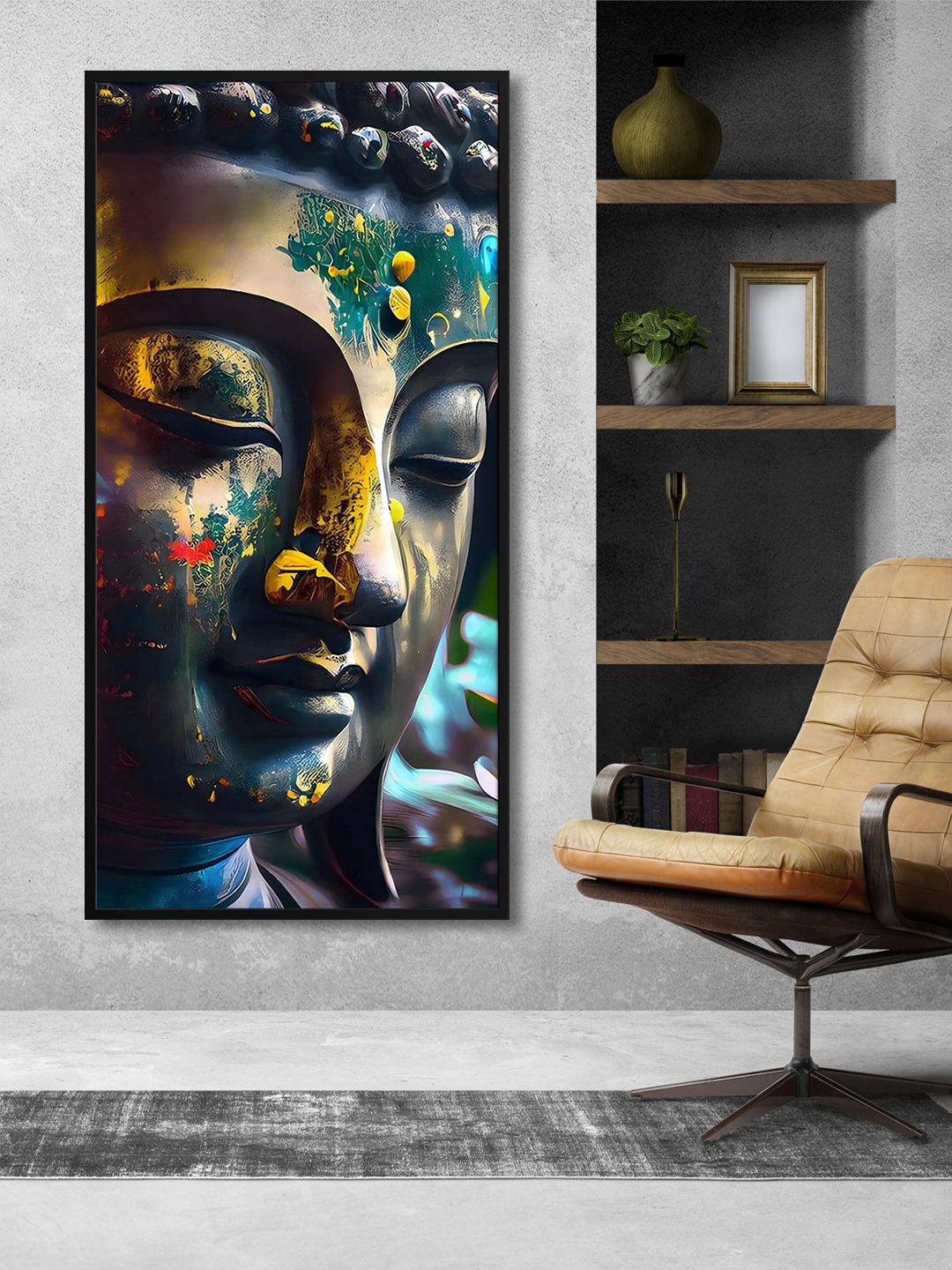 

999Store Blue & Green Buddha Half Face Art Painted Framed Wall Art