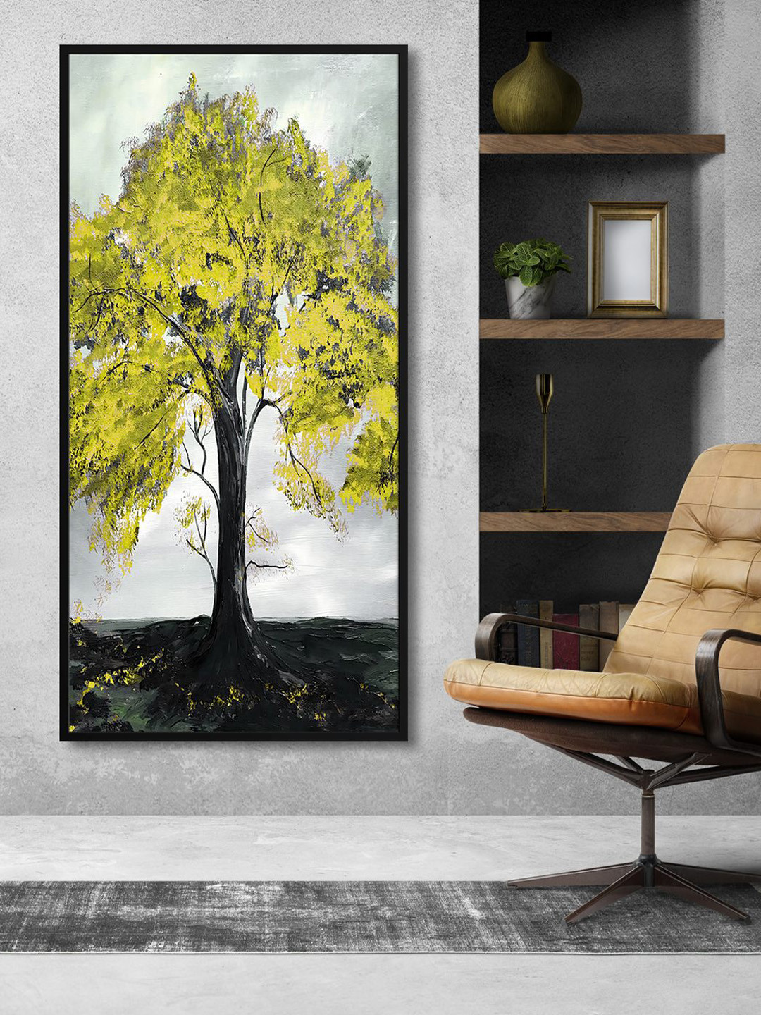 

999Store Grey & Yellow Tree With Leaves Painting Wall Art
