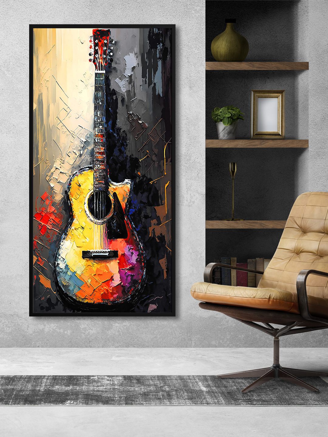 

999Store Blue & Black Guitar Printed Framed Canvas Wall Art, Grey