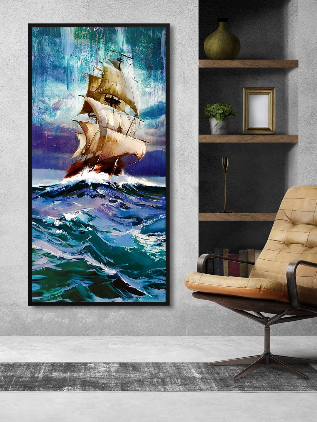 

999Store Blue & Black Ship In Lake Painted Wall Art