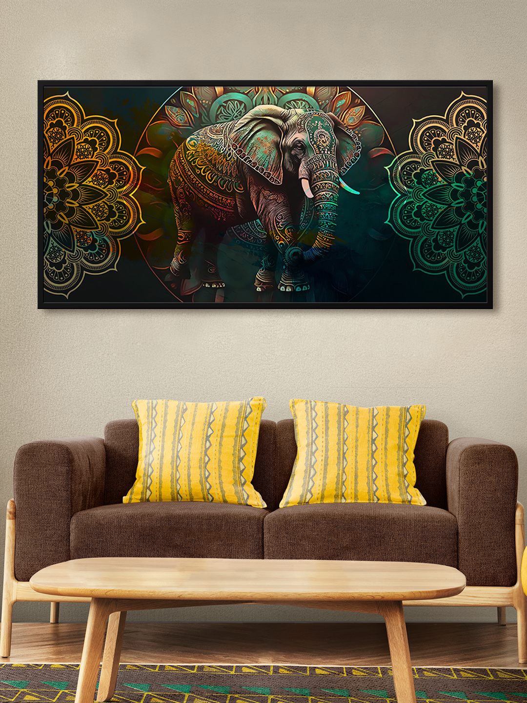 

999Store Green & Yellow Elephant With Mandala Printed Framed Canvas Wall Art