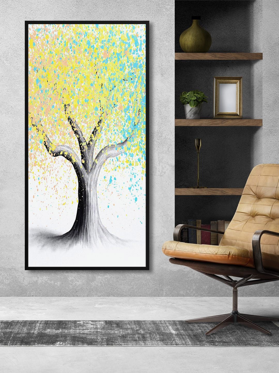 

999Store Blue & Yellow Tree Printed Framed Canvas Wall Art