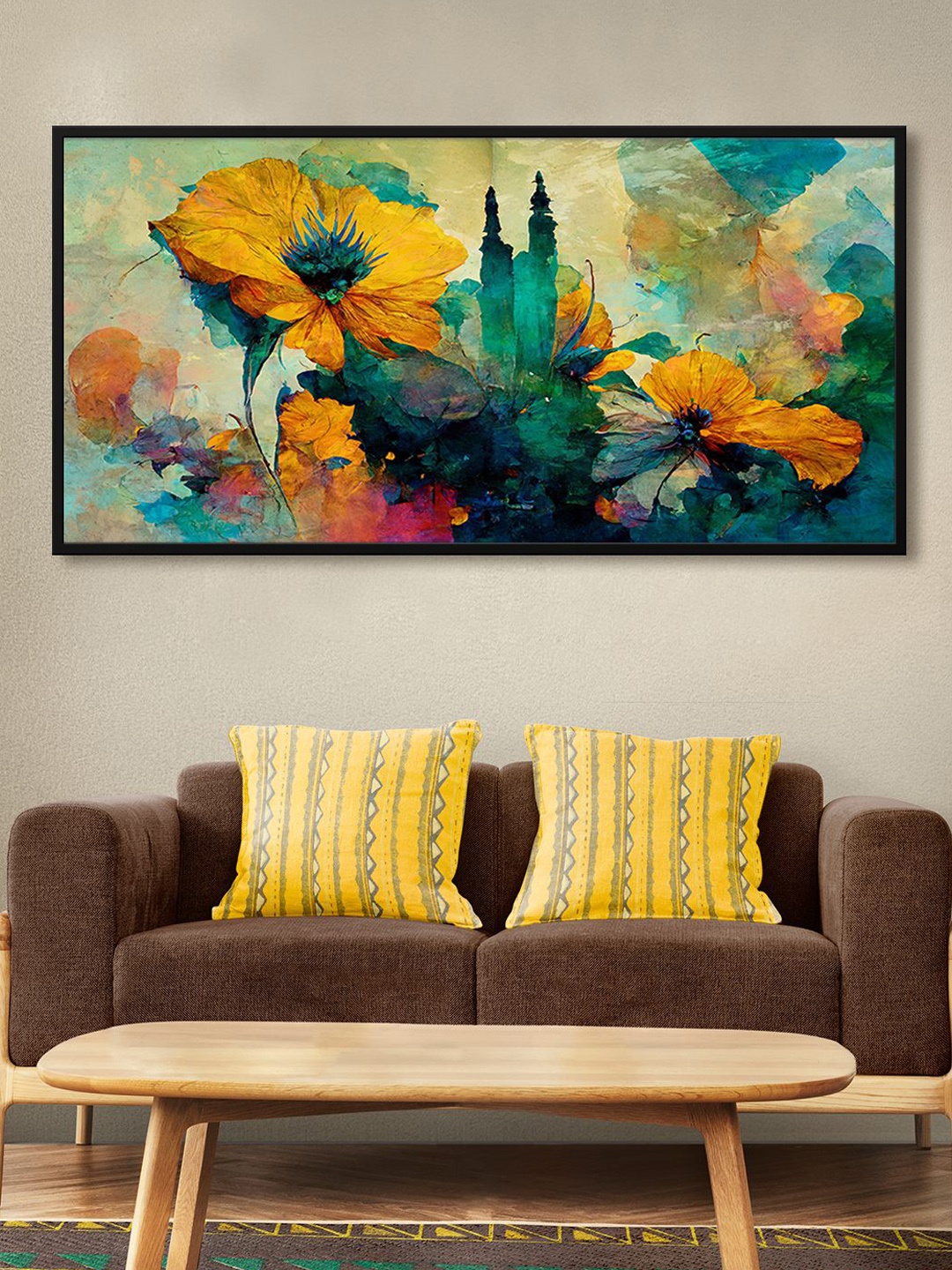 

999Store Yellow & Green Flower With Abstract Effect Painted Framed Wall Art