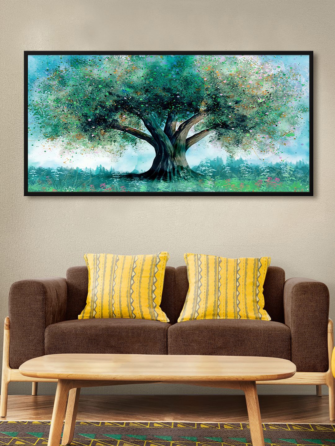 

999Store Green & Blue Big Green Tree Art Painting Framed Wall Art