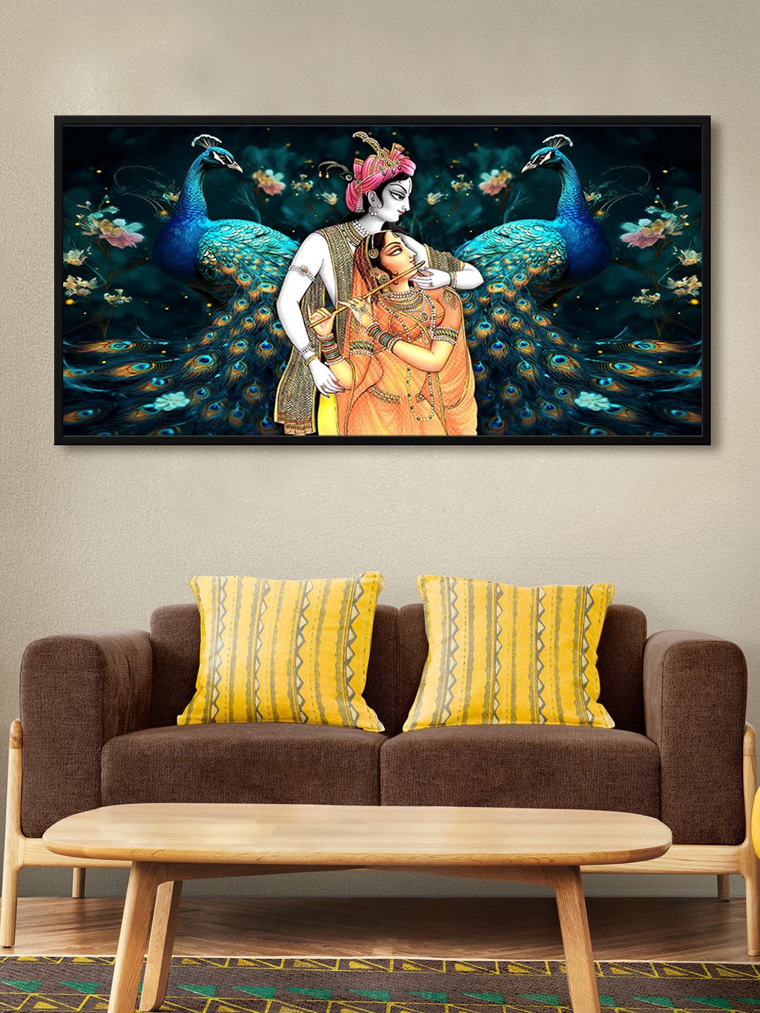 

999Store Green & Blue Radha Krishna Printed Framed Canvas Wall Art