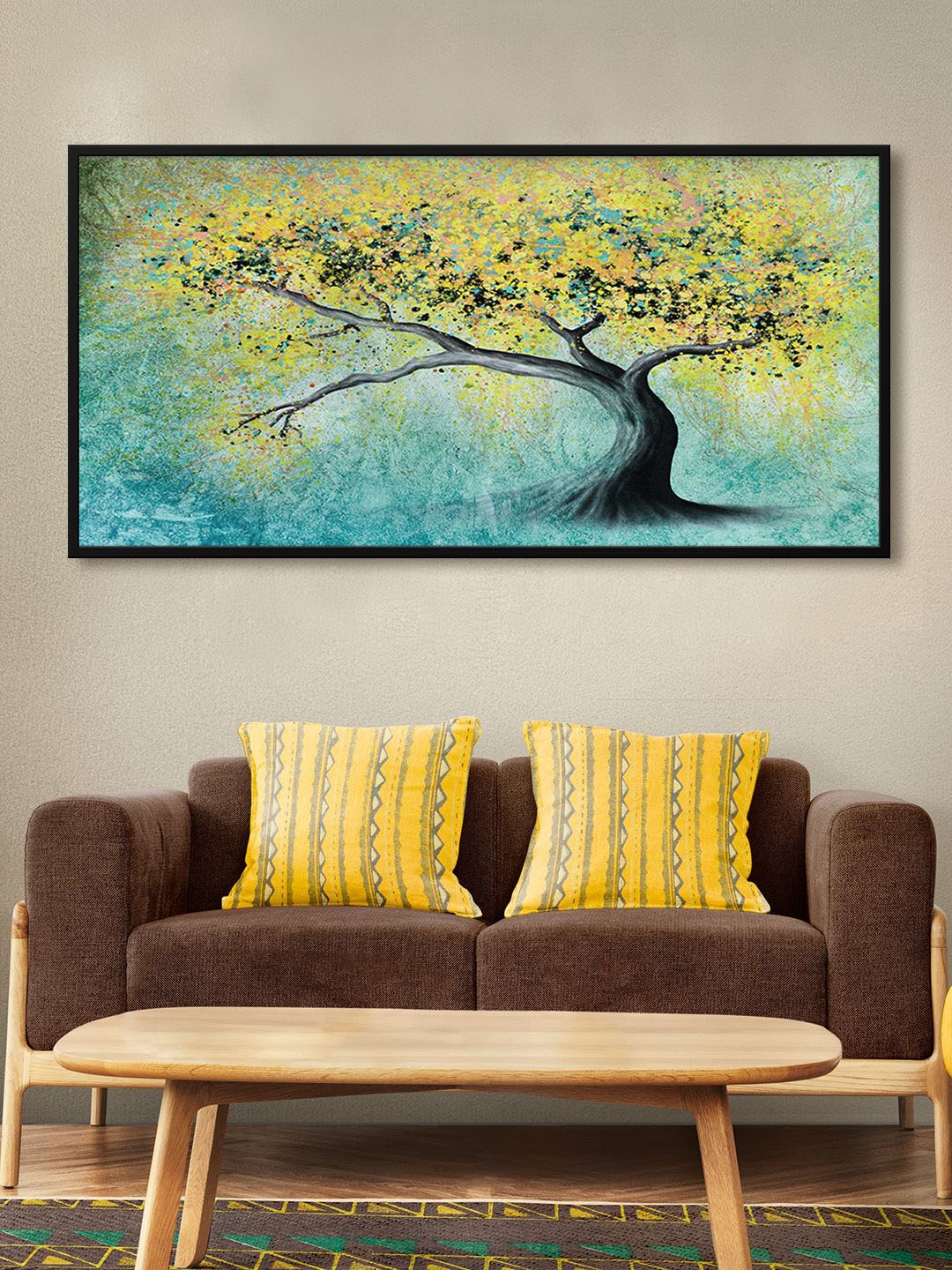 

999Store Green & Blue Tree Art With Spring Leaves Printed Framed Canvas Wall Art