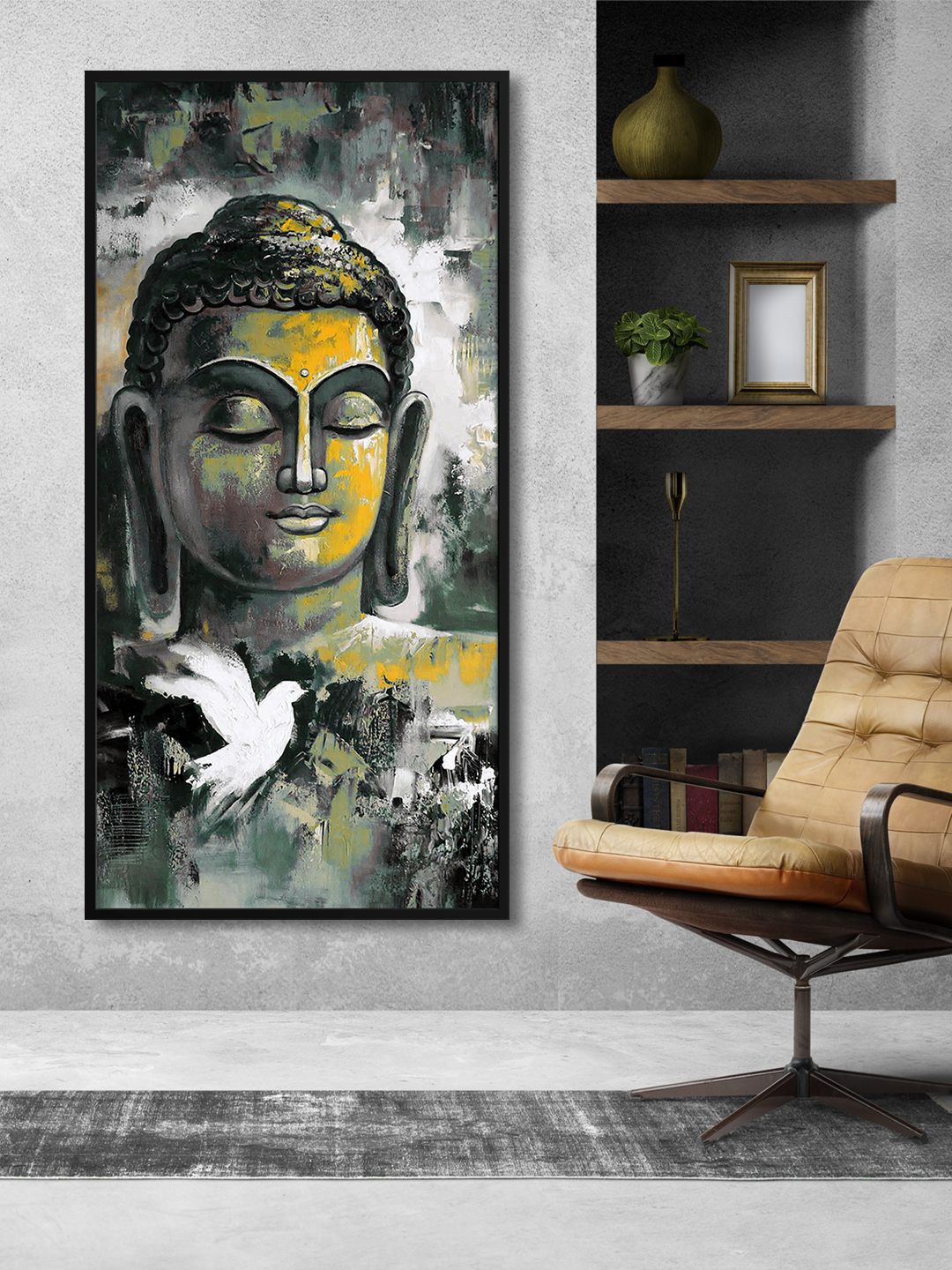 

999Store Grey & White Lord Buddha Printed Framed Canvas Wall Art