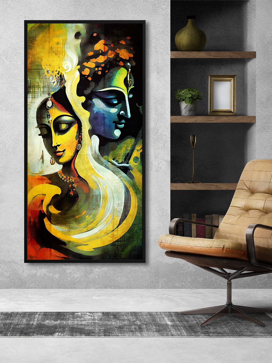 

999Store Blue & Yellow Lord Shiv With Parvati Face Modern Painting Wall Art