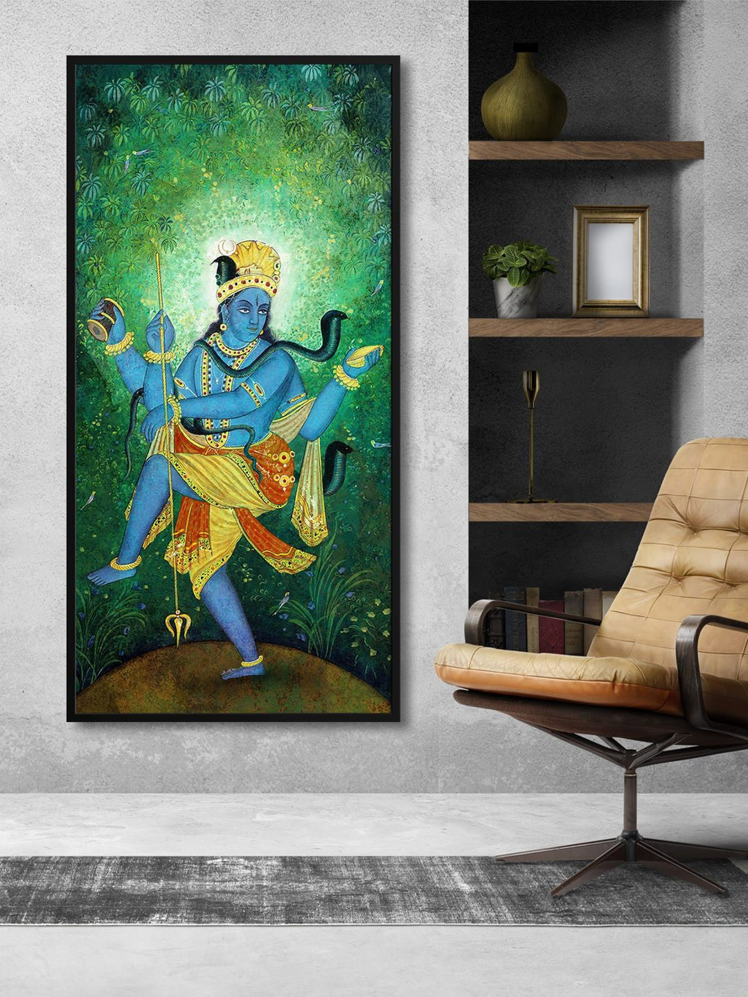 

999Store Green & Blue Lord Shiva Dancing Printed Framed Canvas Wall Art