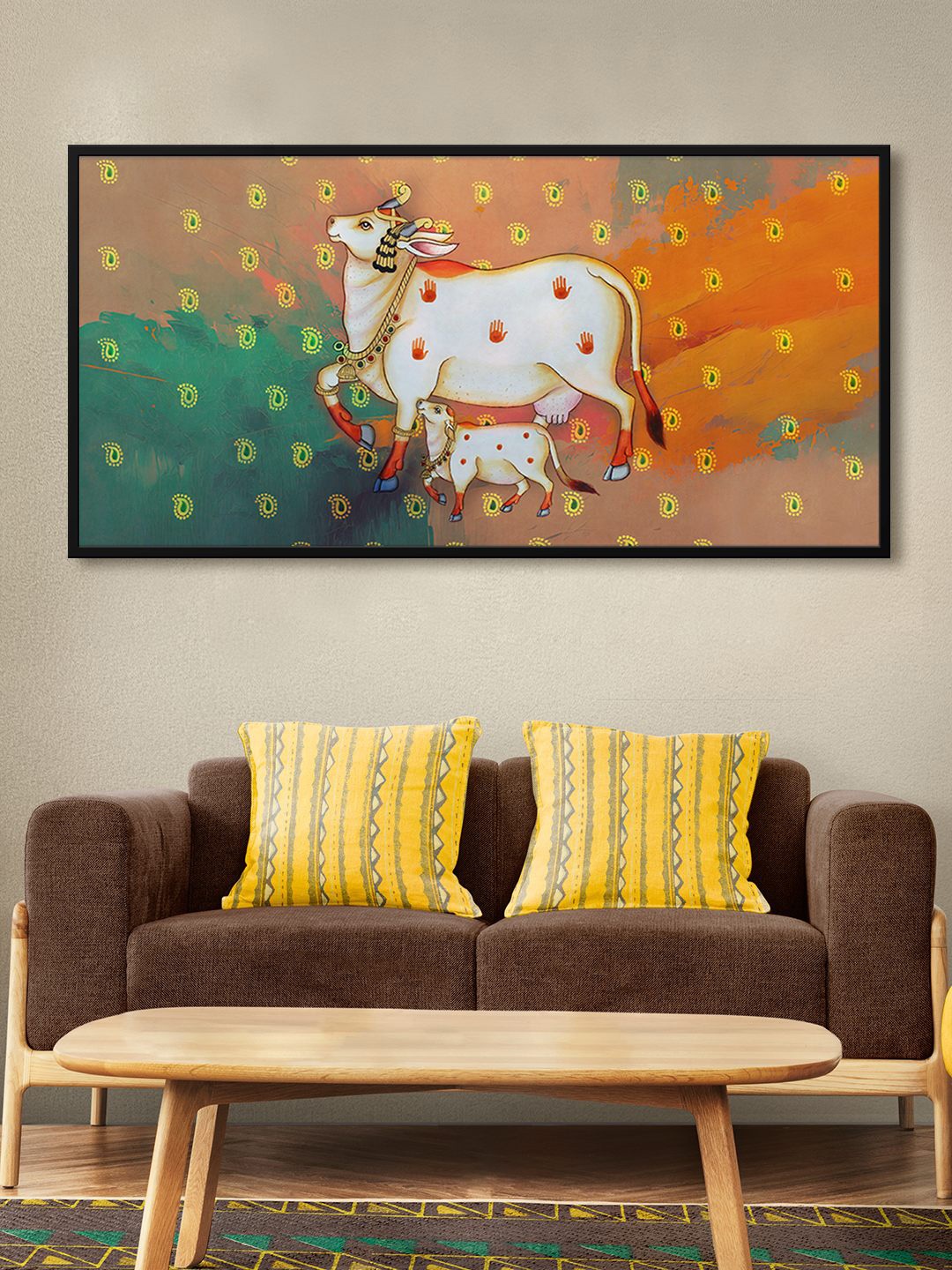 

999Store Brown Cow With Calf Printed Framed Wall Art