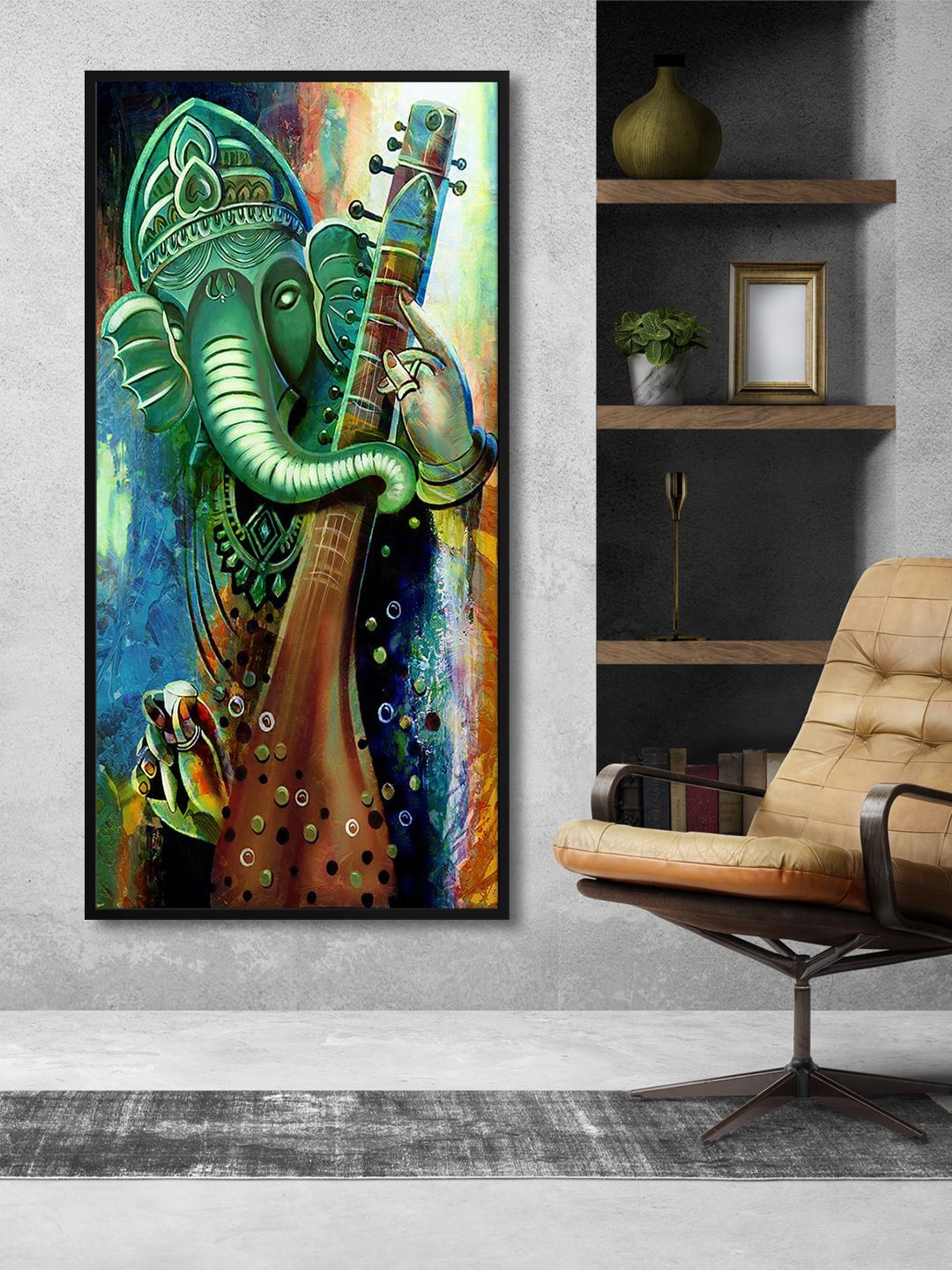 

999Store Green & Brown Lord Ganesh Painting Wall Art