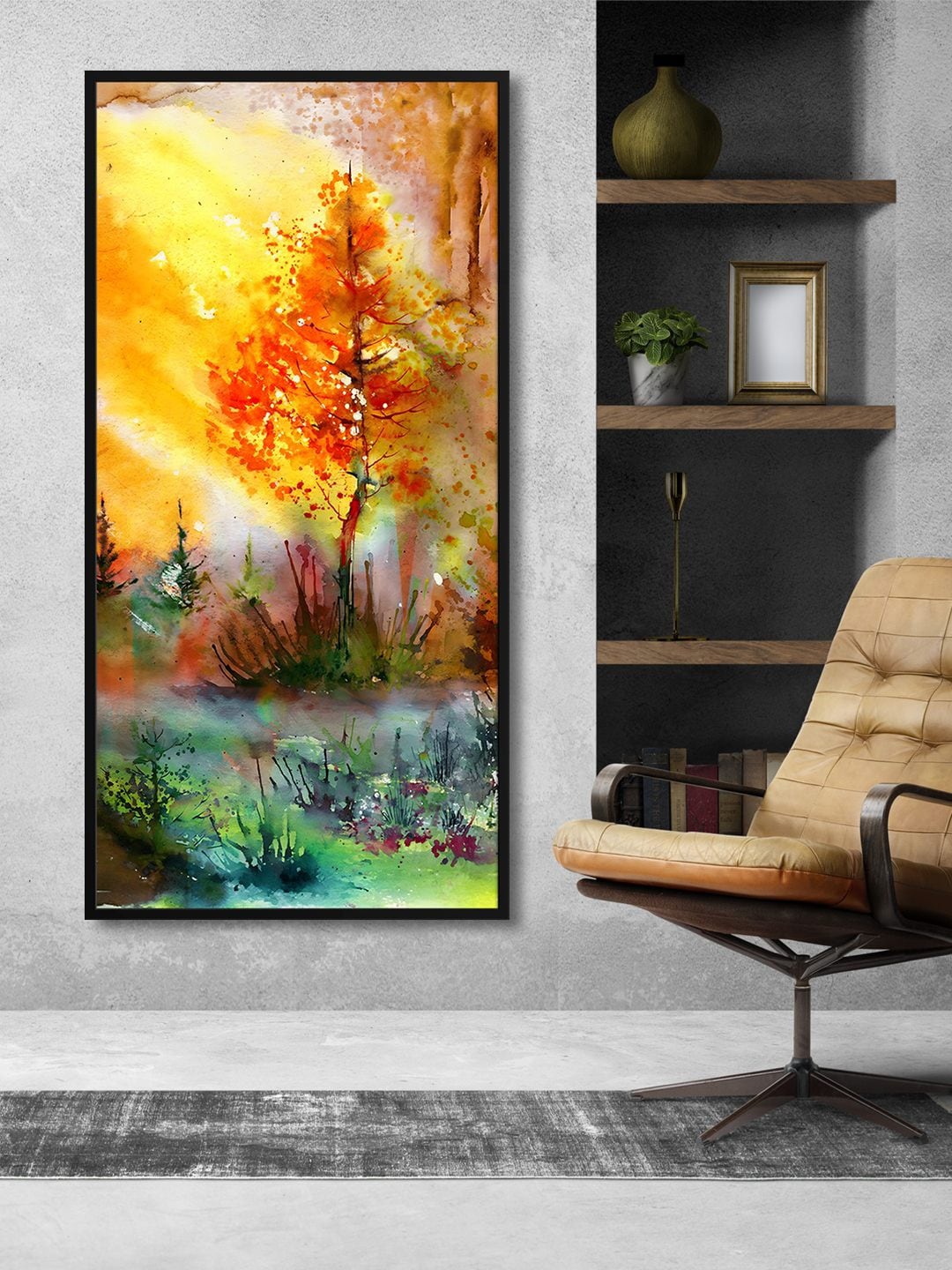 

999Store Brown & Orange Tree With Sun Painting Modern Wall Art
