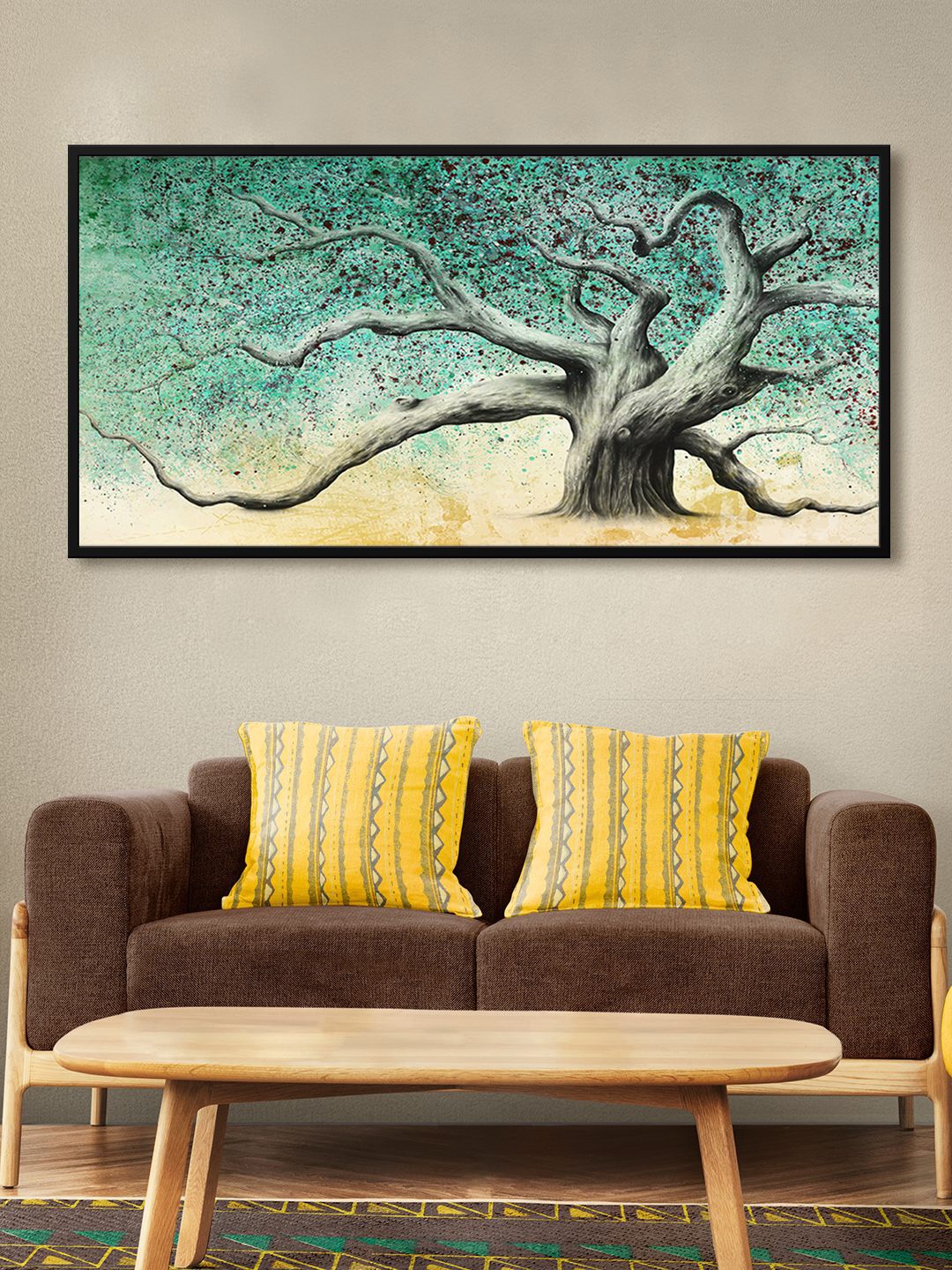 

999Store Green Blue Sea Tree Painting Framed Wall Art