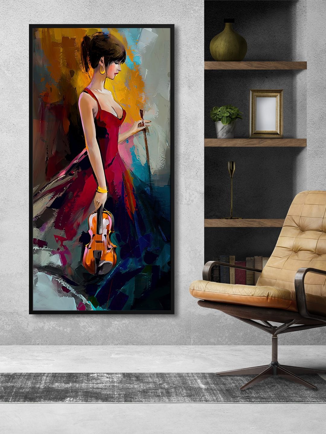 

999Store Red & Yellow Beautiful Woman With Violin Printed Framed Canvas Wall Art