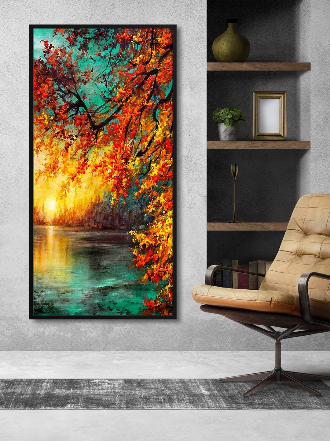 

999Store Yellow & Red Sunset View River Art Printed Framed Canvas Wall Art