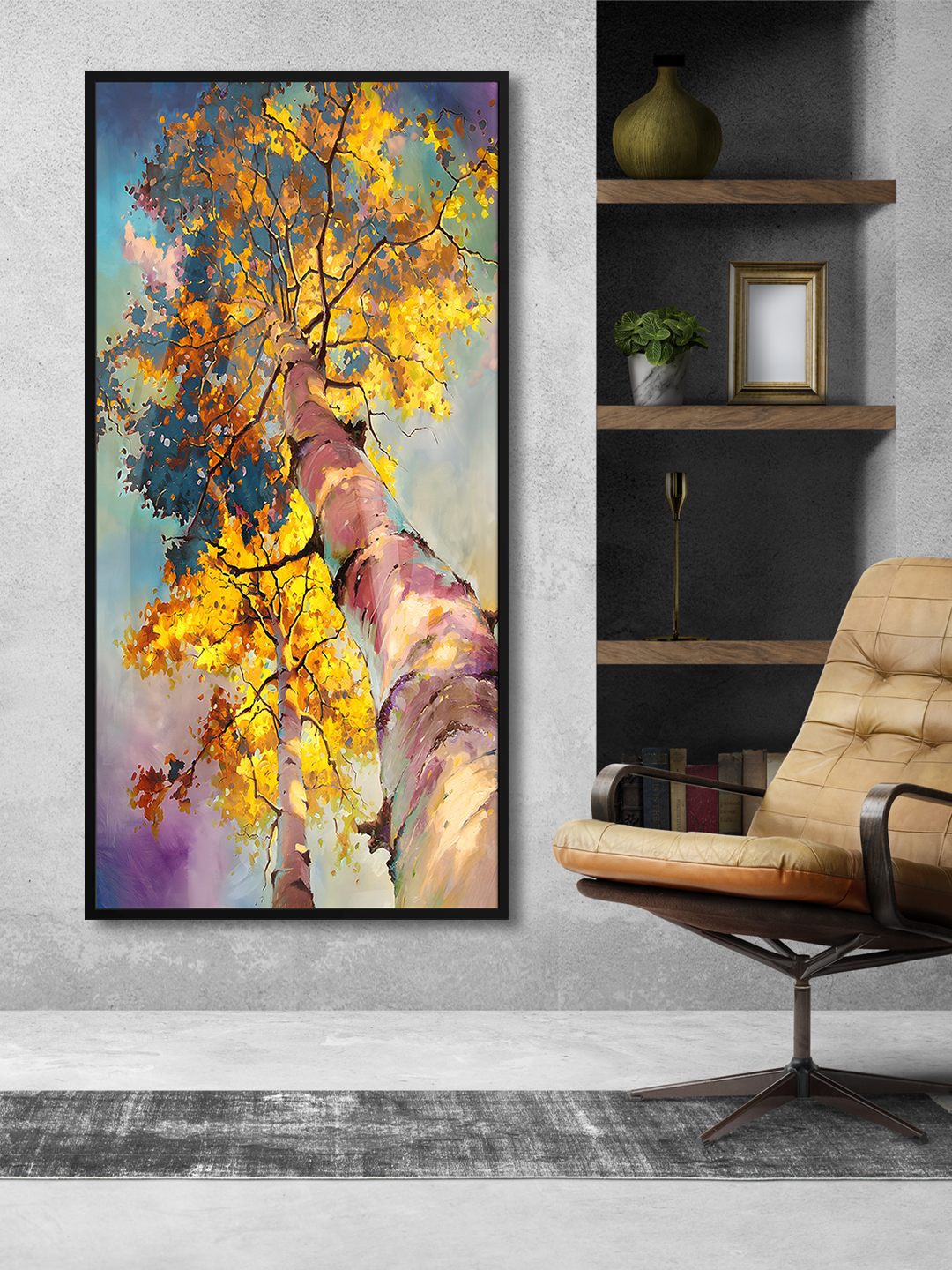

999Store Yellow & Brown Tree With Sky Printed Framed Canvas Wall Art