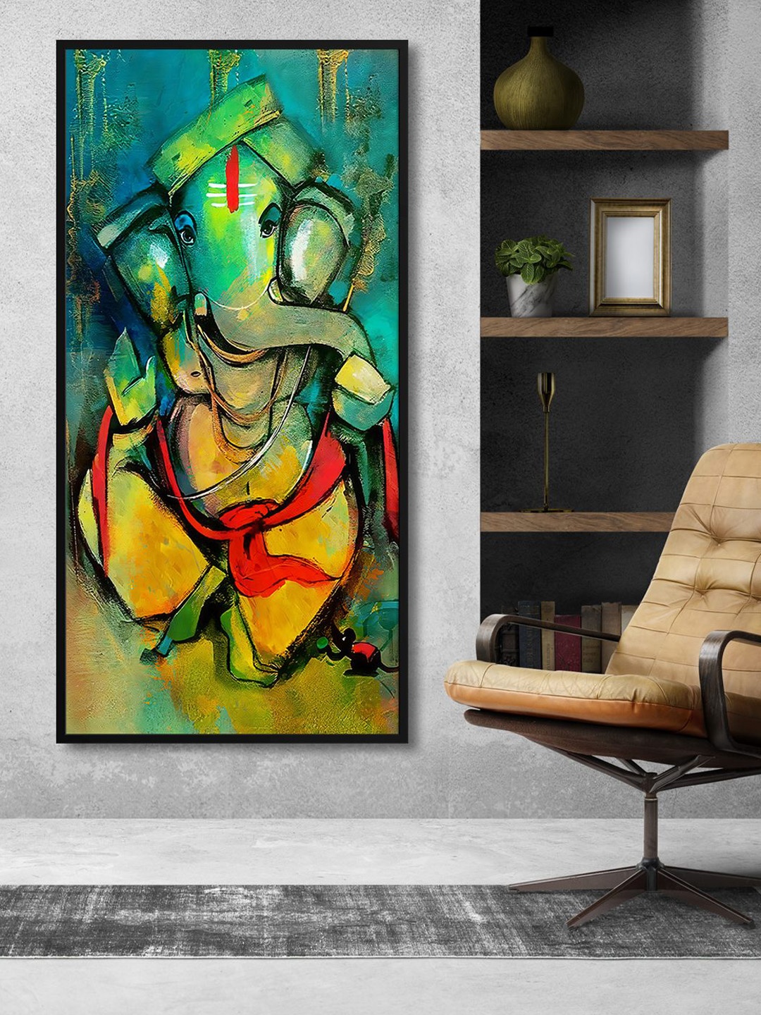 

999Store Green & Red Lord Ganesha Printed Framed Canvas Wall Art