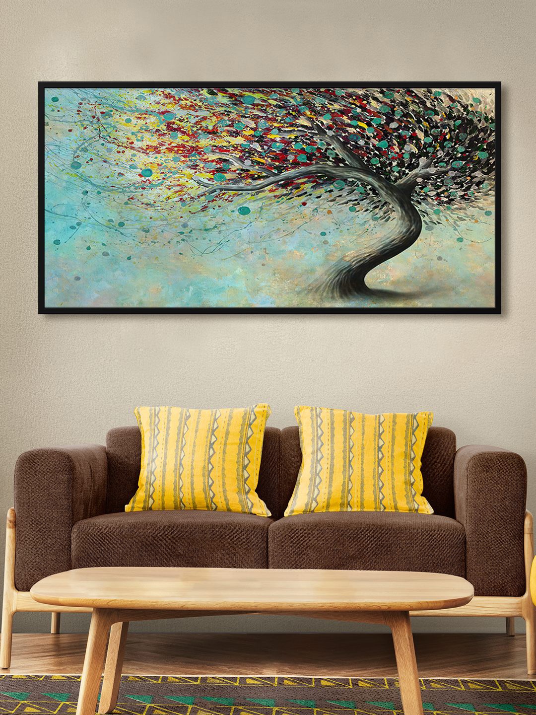 

999Store Blue & Brown Tree Of Life Modern Art Printed Framed Canvas Wall Art