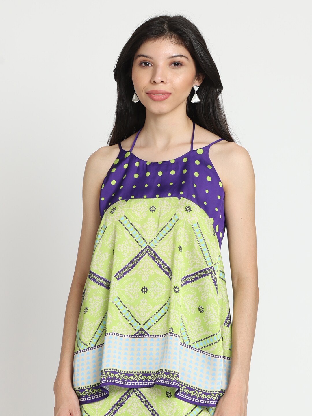 

SHAYE Geometric Printed Halter Neck A-Line Top, Green