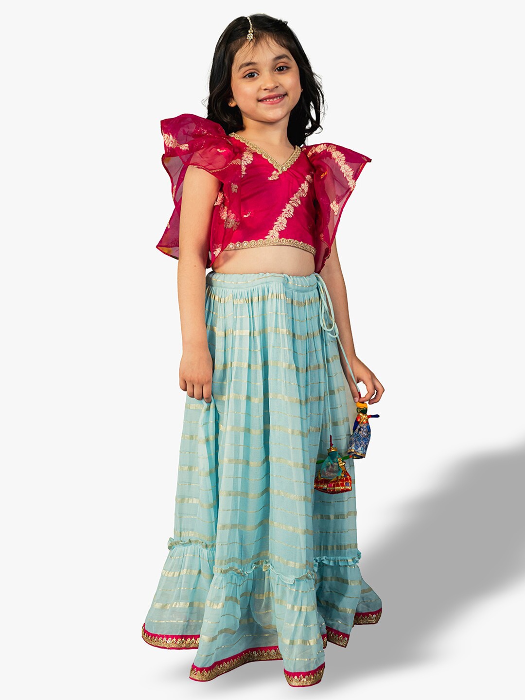 

Jilmil Girls Pink & Green Ready to Wear Lehenga & Blouse