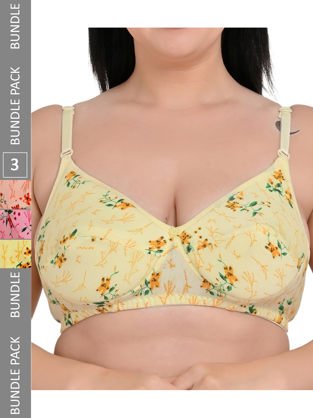 

Piylu Pack Of 3 Printed Medium Coverage Removable Pad Cotton Everyday Bra All Day Comfort, Yellow