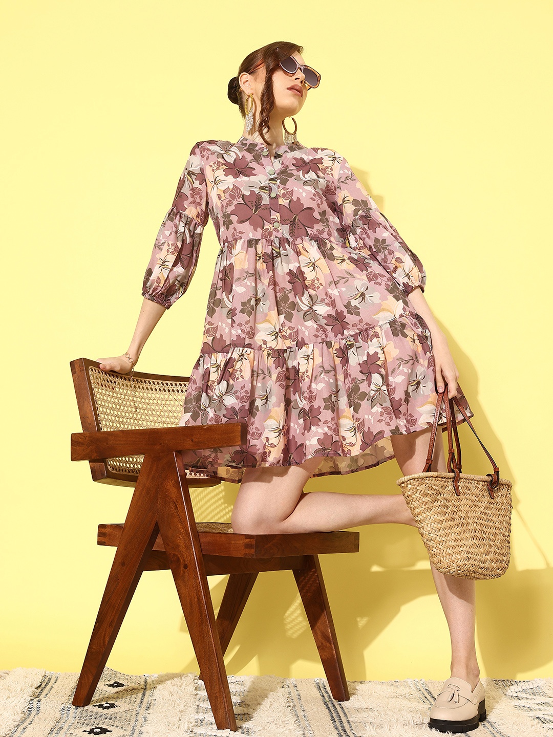 

Yufta Floral Print Puff Sleeve Fit & Flare Dress, Brown