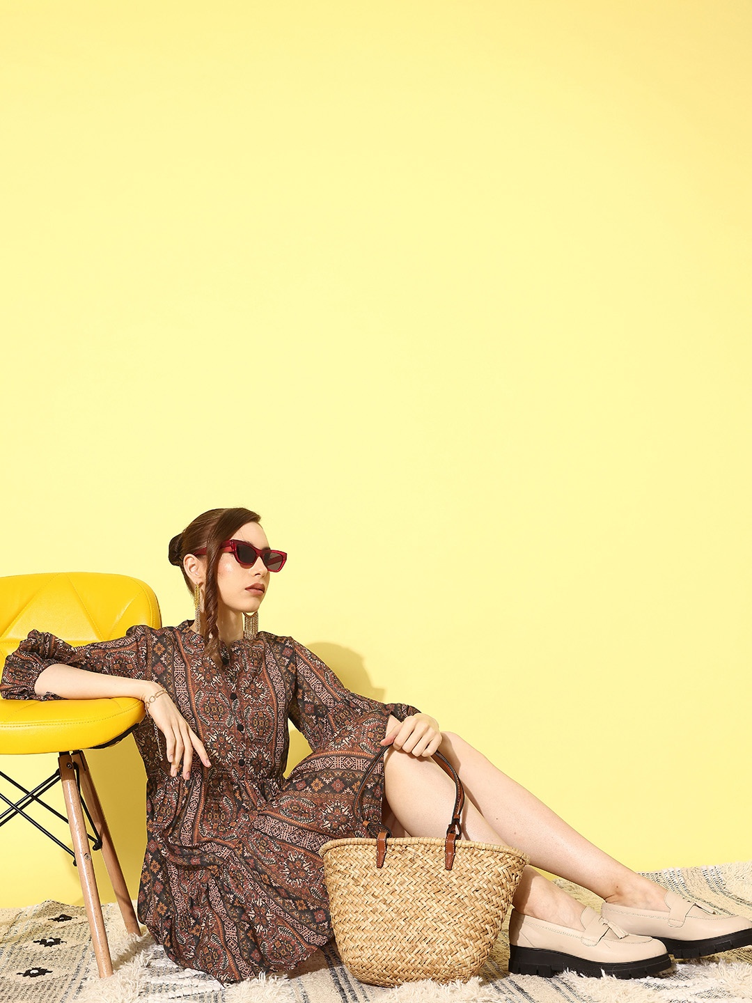 

Yufta Ethnic Motifs Print Puff Sleeve Fit & Flare Dress, Multi