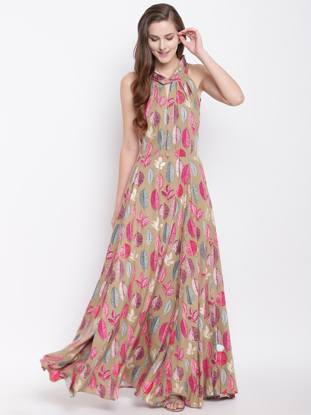 

Stylespace by Isha Conversational Printed Choker Neck Pure Cotton Fit & Flare Maxi Dress, Olive