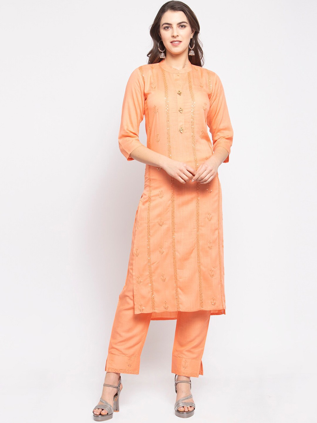 

Stylespace by Isha Floral Sequinned Embroidered Pure Cotton Kurta with Trousers, Orange