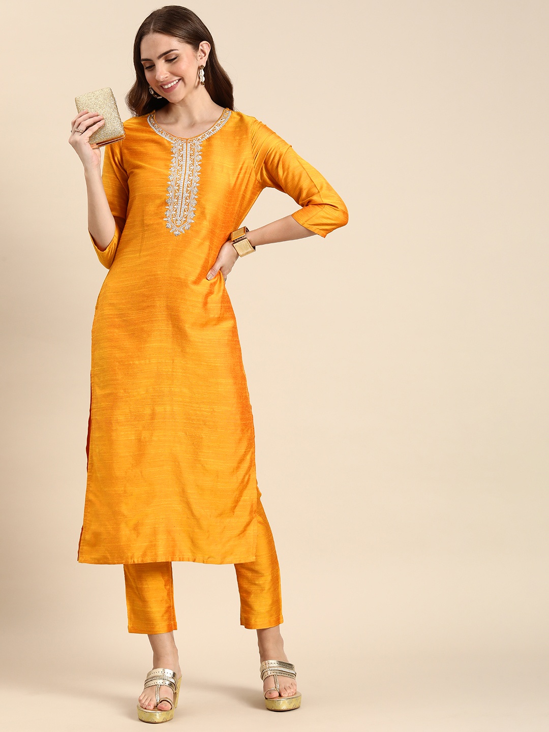 

Anouk Women Mustard Yellow Yoke Design Regular Thread Work Kurta with Trousers