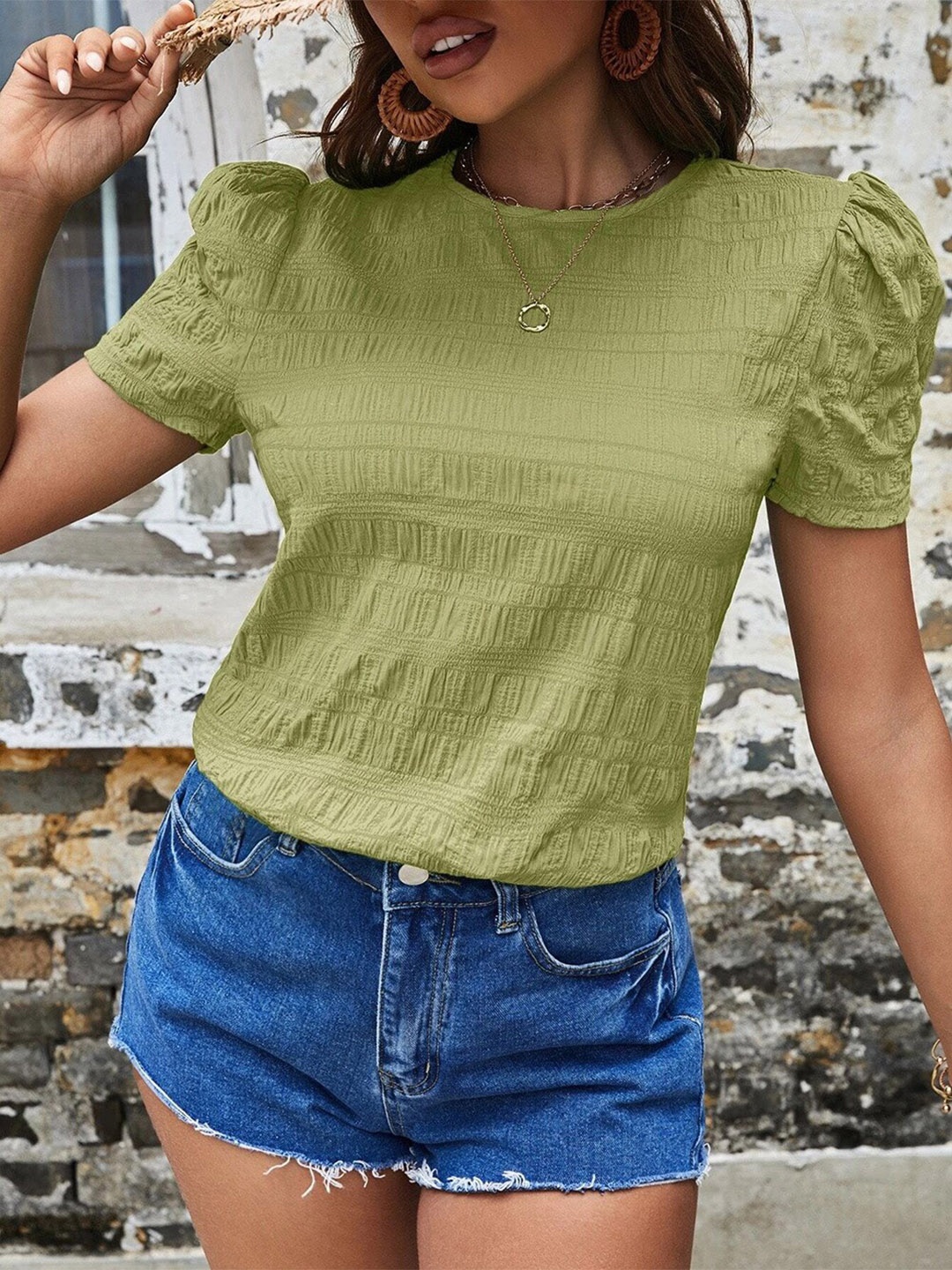 

BoStreet Green Self Design Puff Sleeves Regular Top