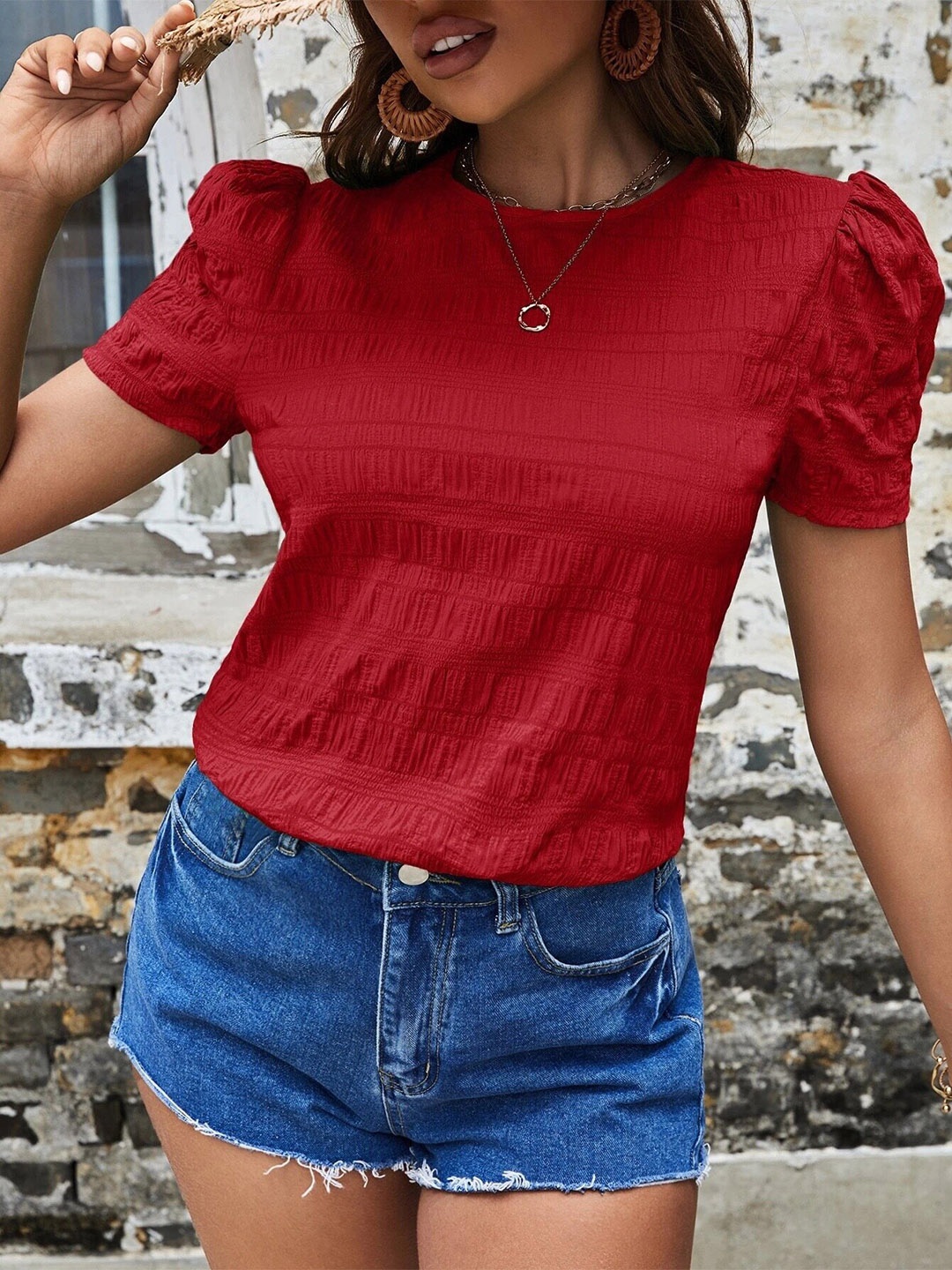 

BoStreet Self Design Puff Sleeve Top, Red