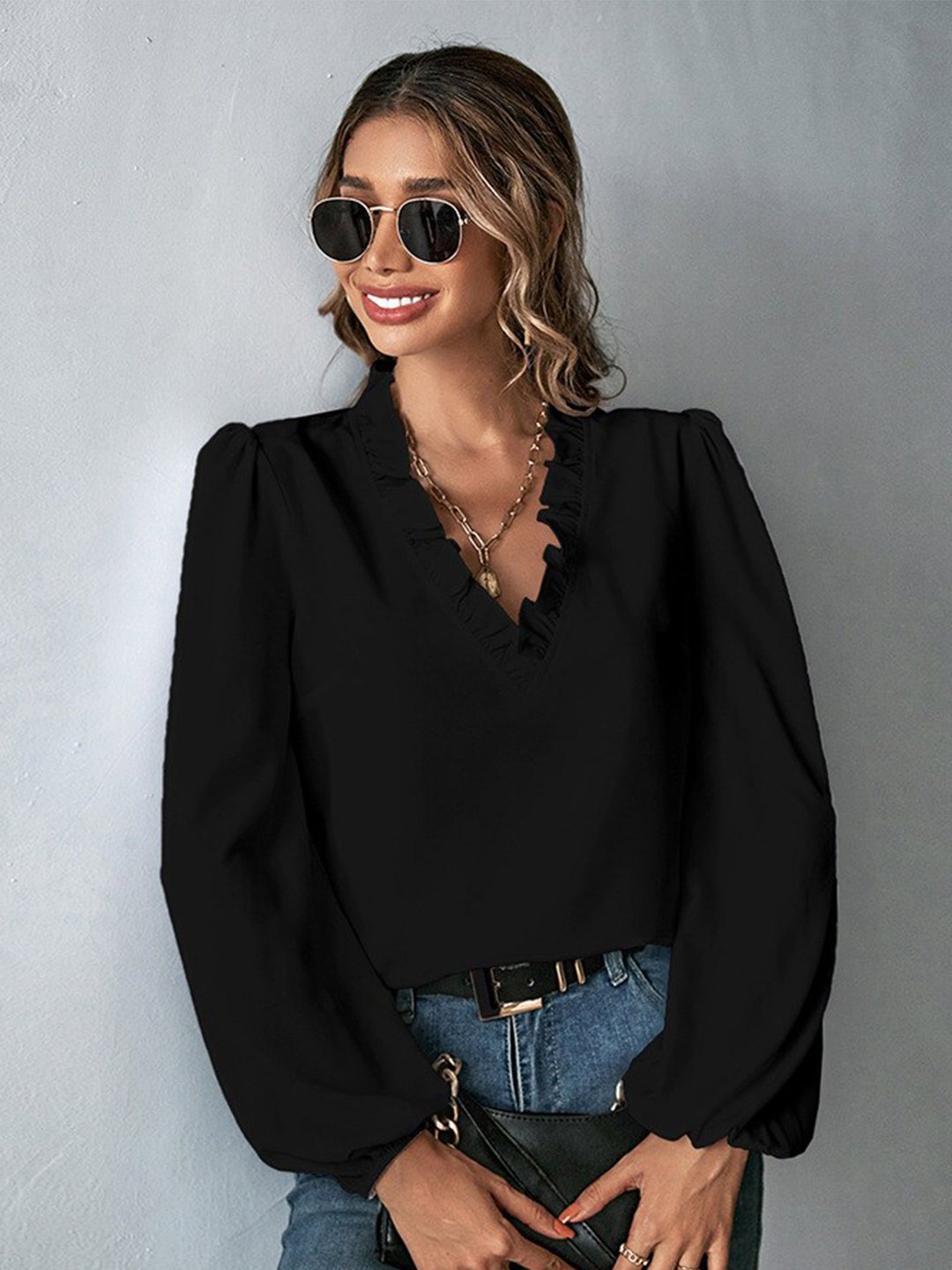 

BoStreet Black V-Neck Puff Sleeves Shirt Style Top