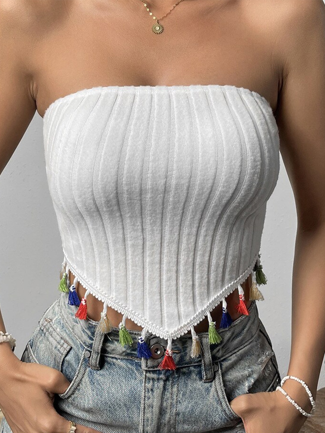 

StyleCast White Self Design Strapless Tube Crop Top