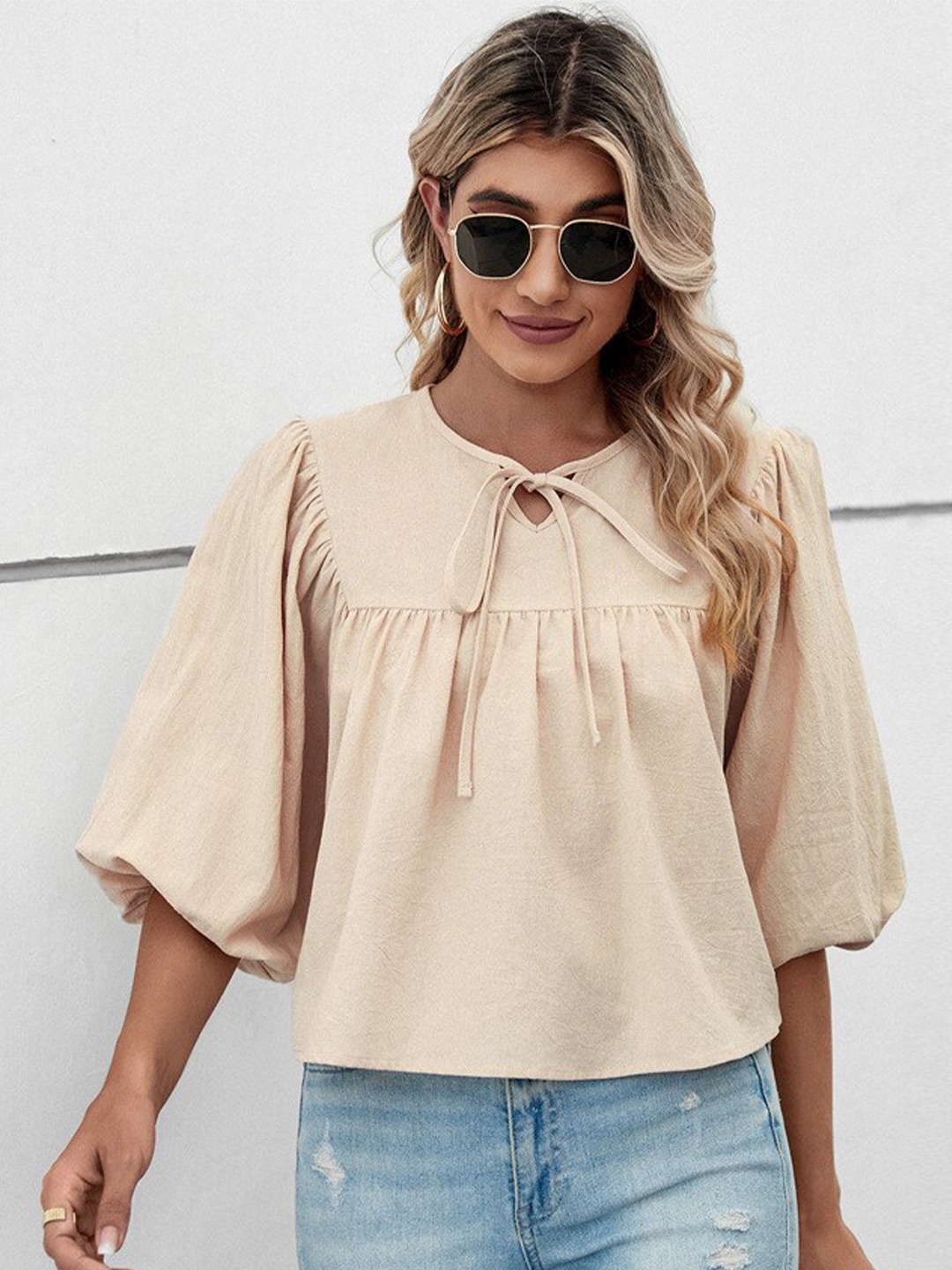 

StyleCast Beige Tie-Up Neck Flared Sleeves Pure Cotton A-Line Top