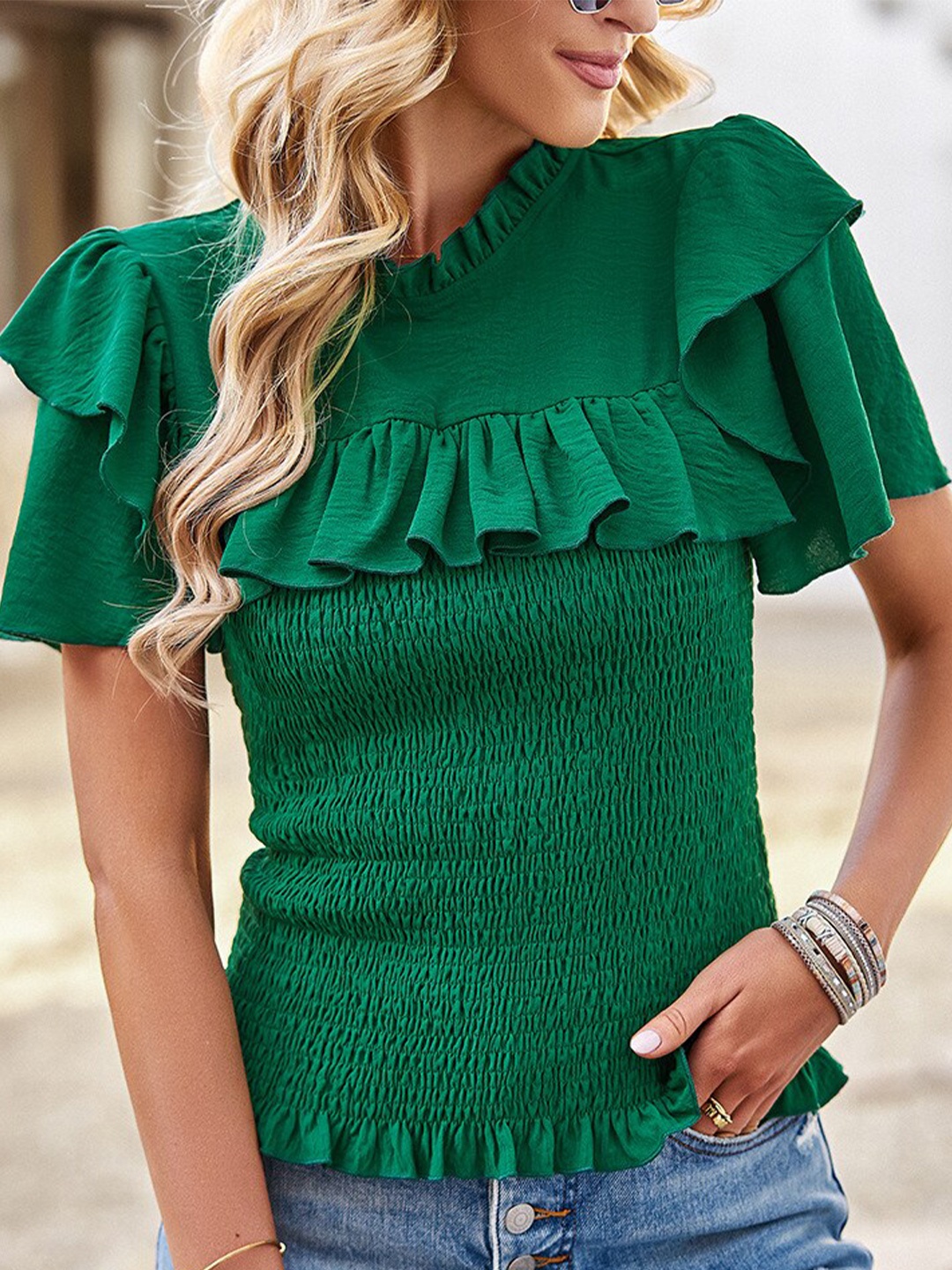 

BoStreet Green Flutter Sleeves Smocked Regular Top