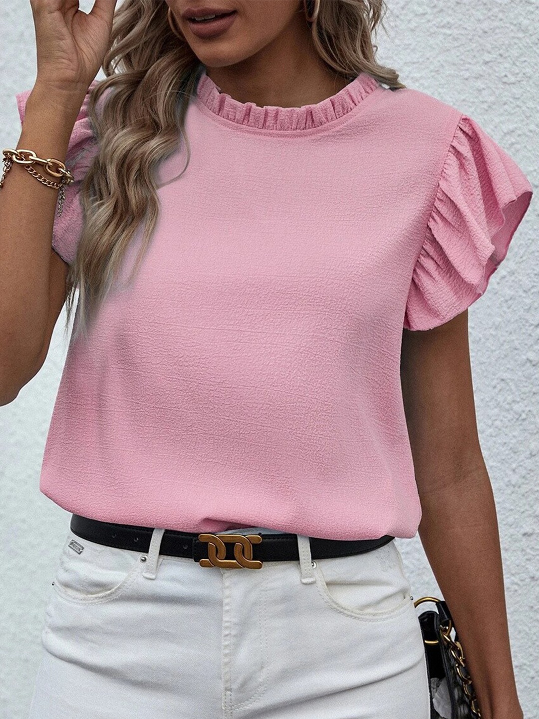 

StyleCast Pink Flutter Sleeves Regular Top