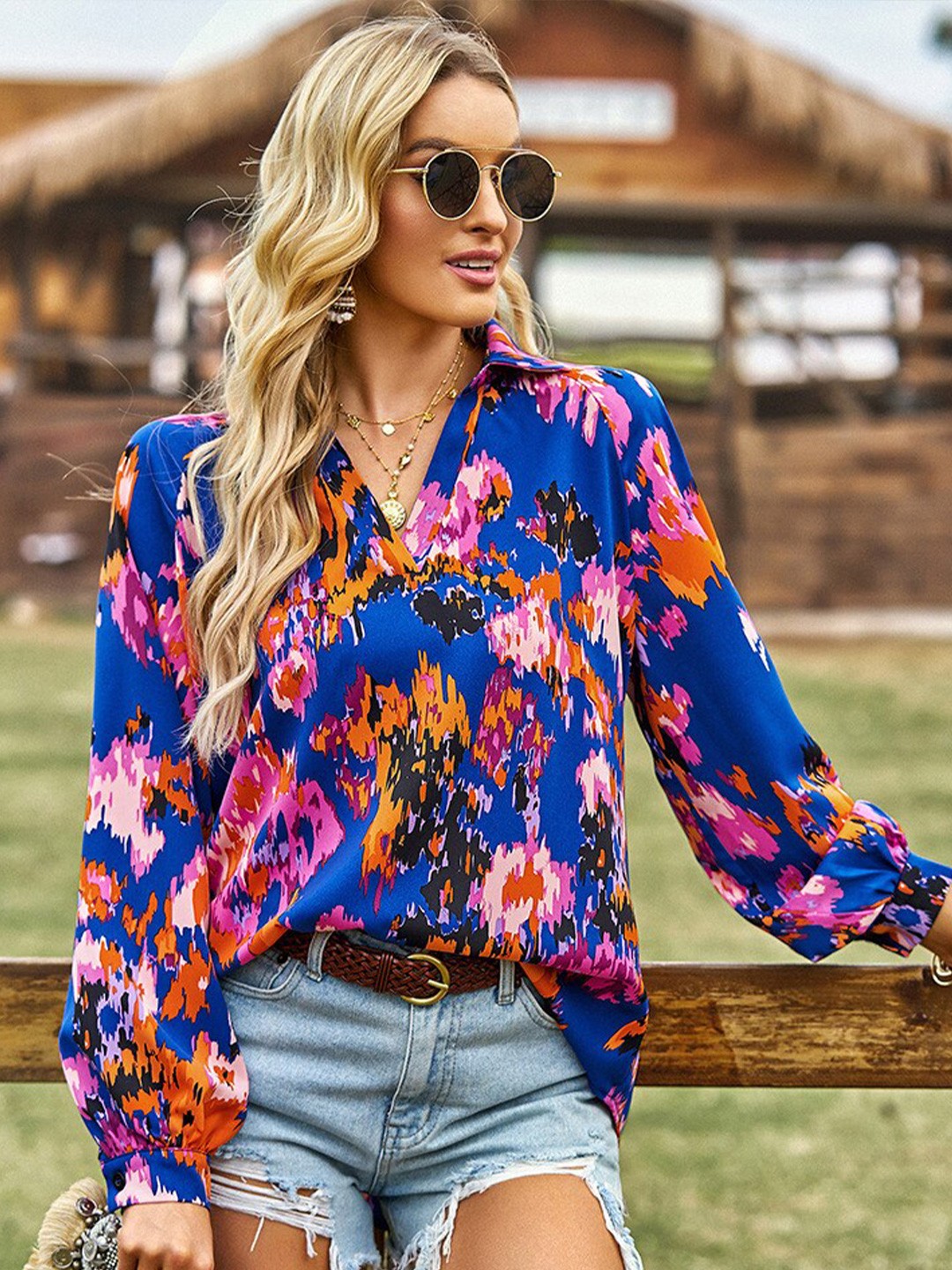 

BoStreet Blue & Pink Printed Shirt Style Top