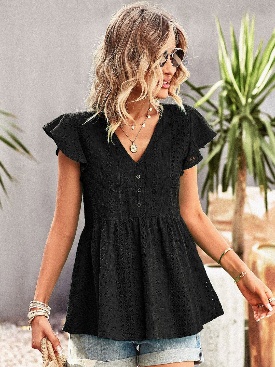 

BoStreet Black Self Design Flutter Sleeve A-Line Top